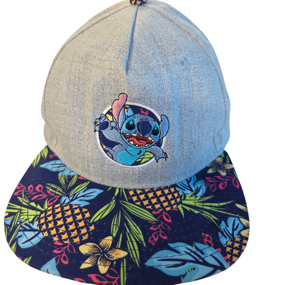 Disney Stitch Snapback Hat OSFM Gray Blue‎ Ohana Tropical Pineapple Excellent